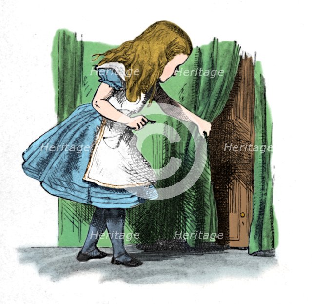'Alice looking at a small door behind a curtain', 1889. Artist: John Tenniel.
