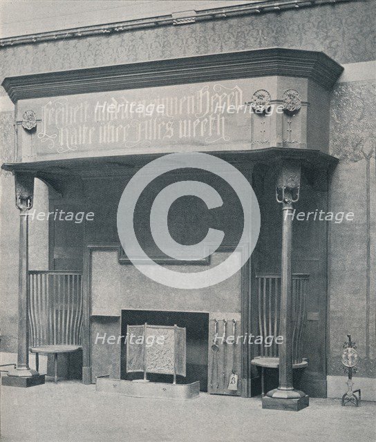 'Fireplace designed by C. Harrison Townsend with carving designed and executed by George Frampton',  Artists: George Frampton, Charles Harrison Townsend.