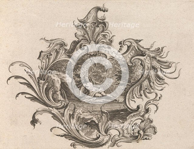Design for a Cartouche and Representation of 'Sight', Plate 2 from 'Neu Inv..., Printed ca. 1750-56. Creator: Johann Georg Pintz.