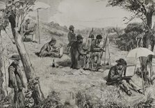 Opponents of the Rome pension schemes drawing near the San Fernando Bridge, Madrid, Spain, 1878.  Creator: Manuel Domínguez.