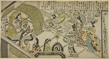 Yoshitsune's Encounter with Princess Joruri, from "The Tale of Joruri in Twelve..., c. 1684/1704. Creator: Sugimura Jihei.