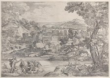 The Baptism of Christ at lower left, within a landscape, 1626-80., 1626-80. Creator: Giovanni Francesco Grimaldi.
