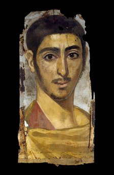Mummy portrait in encaustic on wood panel: young man, perhaps a soldier, 193 - 235. Artist: Unknown.