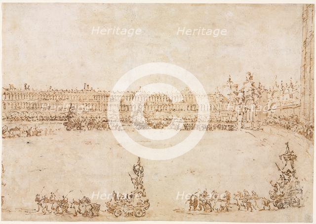 A Procession of Triumphal Cars in the Piazza San Marco, Venice, Celebrating the Visit..., 1782. Creator: Francesco Guardi (Italian, 1712-1793).