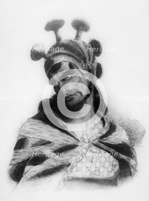 Hawaiian warrior wearing a helmet with a mushroom ornamented crest, 1819. Artist: Jacques Etienne Victor Arago