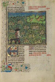 A Hunter and a Dog Tracking in a Copse; Livre de la Chasse, about 1430-1440. Creator: Unknown.