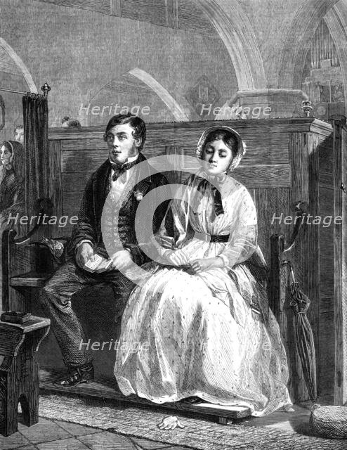 "The First Time of 'Asking,'" by W. Hemsley,...Exhibition of the Society of British Artists, 1869. Creator: Unknown.