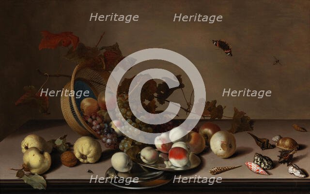 Fruit still life with wicker basket, mussels and butterfly, First Half of 17th cen. Creator: Ast, Balthasar, van der (1593/4-1657).