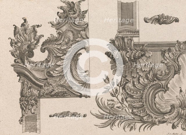 Suggestions for the Decoration of Frames, Plate 4 from 'Außzierungen zu Thü..., Printed ca. 1750-56. Creator: Johann Sebastian Muller.