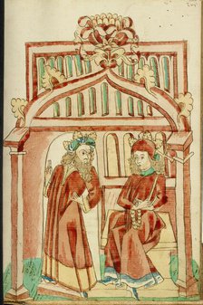 King Avenir Leaving the Enthroned Josaphat; Barlaam und Josaphat, 1469. Creators: Hans Schilling, Diebolt Lauber.