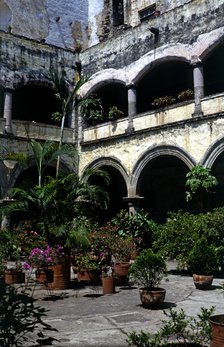 Cloister of the former Franciscan convent which is part of the present Cathedral of Cuernavaca, i…