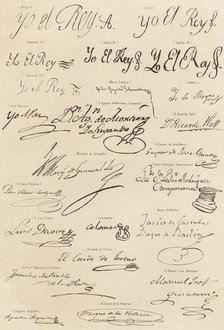 Signatures of Kings and famous people of the Spanish court, engraving, 1870.