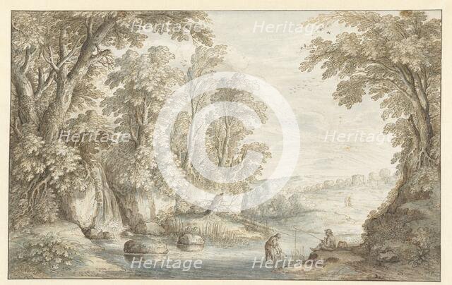 Two Anglers in a Wooded Landscape with a Waterfall, 1628. Creator: Maerten de Cock.