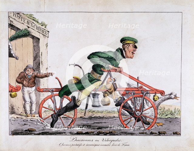 Draisienne or velocipede shown replacing horses in the French post service, 1818. Artist: Unknown
