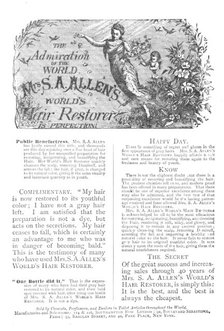 The Admiration of the World: Mrs. S. A. Allen's World's Hair Restorer is Perfection!, 1883. Creator: Unknown.