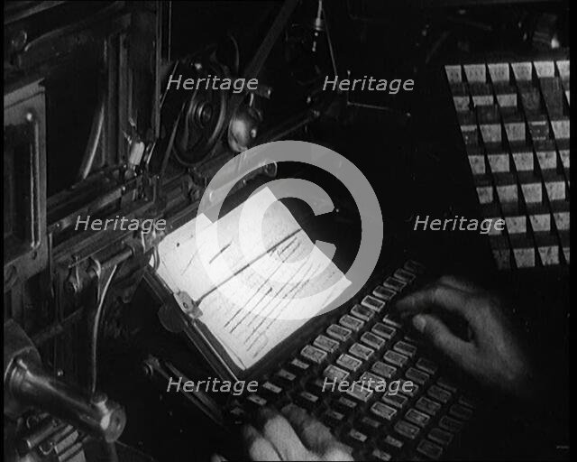 Close View of the Operation of a Newspaper Typesetting Machine, 1921. Creator: British Pathe Ltd.