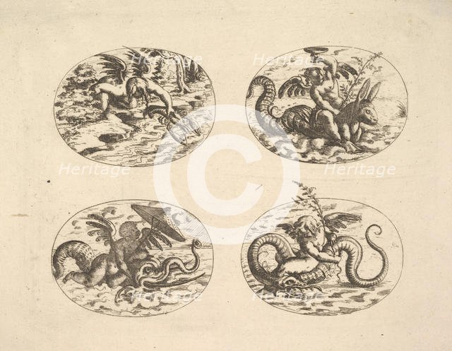 Putti with Sea Monsters, plates from the Neue Grotessken Buch, 1610. Creator: Christoph Jamnitzer.