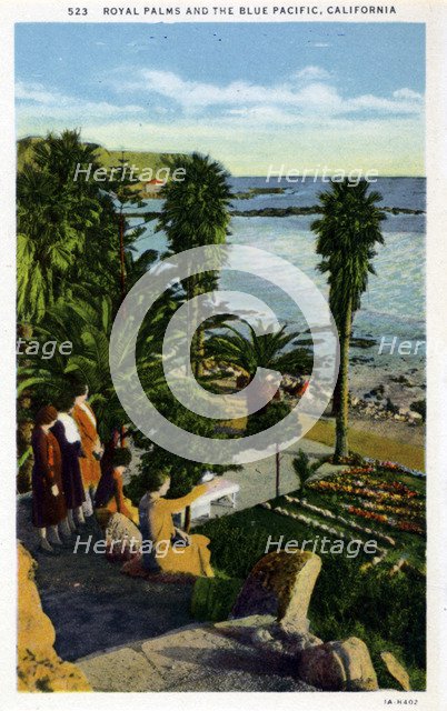 'Royal Palms and the Blue Pacific, California', postcard, 1931. Artist: Unknown