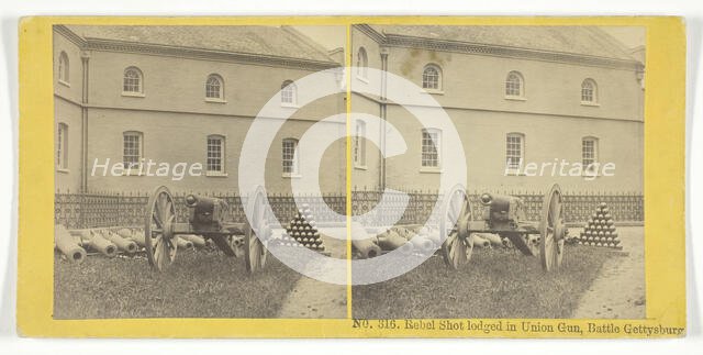 Rebel Shot lodged in Union Gun, Battle Gettysburg, 1855/75. Creators: Kilburn Brothers, BW Kilburn.