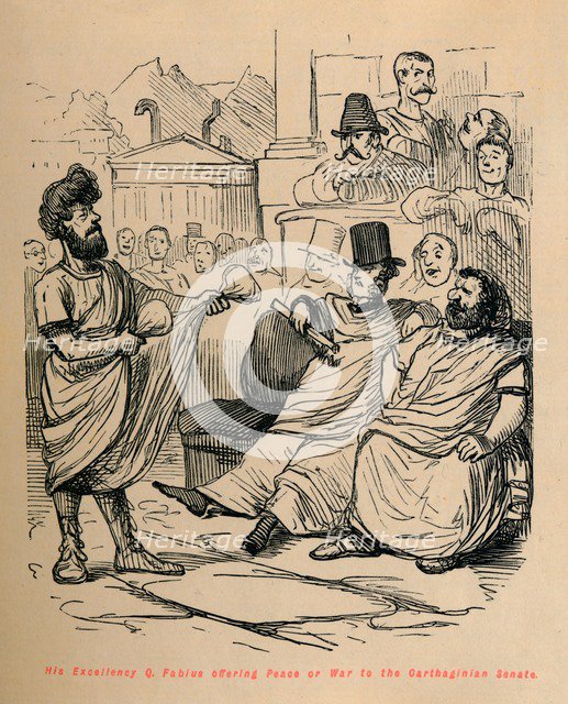 'His Excellency Q Fabius offering Peace or War to the Carthaginian Senate', 1852. Artist: John Leech.