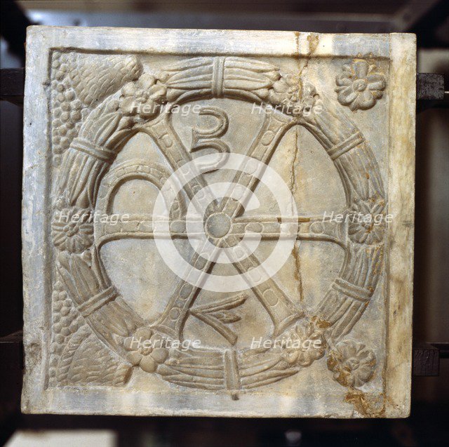 Chi-Ro symbol with Alpha and Omega, Early Christian Sarcophagus, Rome, 4th century. Artist: Unknown.