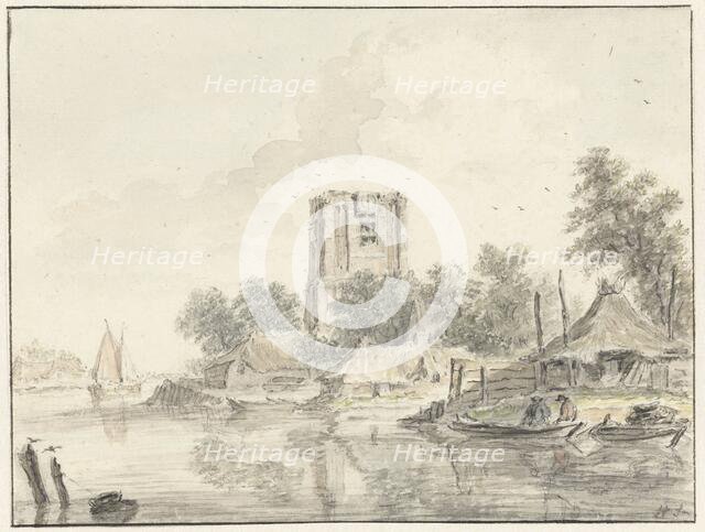 River landscape with a ruined church tower, 1733-1784. Creator: Hendrik Spilman.