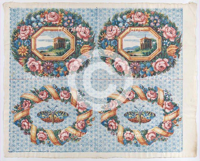 Sheet with two borders with a landscape and moth within wreaths, lat..., late 18th-mid-19th century. Creator: Anon.