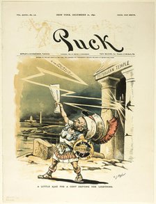 A Little Ajax for a Cent Defying the Lightning, from Puck, published December 10, 1890. Creator: Charles Jay Taylor.