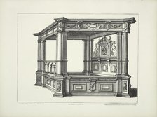 Design for elaborate four-poster bed with multiple columns at each corner, c1869. Creator: Unknown.