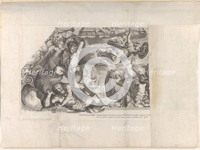 Minerva depicted at top with a shield and arrow vanquishing the Giants below, from Bar..., ca. 1677. Creator: Anon.
