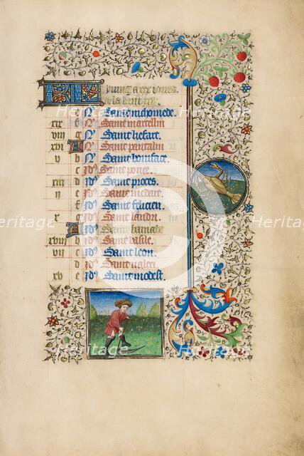 June Calendar Page: Mowing: Cancer; Book of Hours, about 1440-1450. Creator: Workshop of the Bedford Master.
