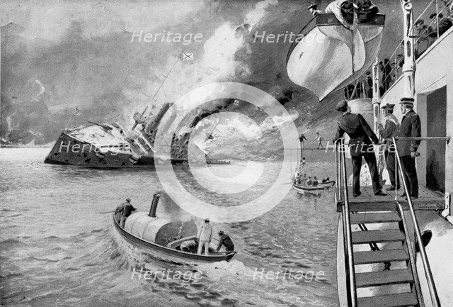 Rescuing survivors from sinking Russian vessel, Russo-Japanese War, 1904. Artist: Unknown