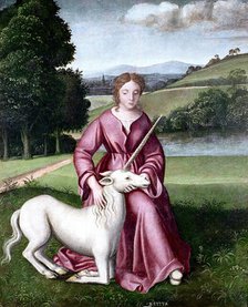 A virgin and a unicorn; representing chastity. Creator: Dosso Dossi.