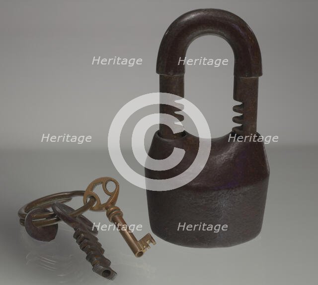 Iron lock and set of keys owned by members of the Ellis family, late 19th-early 20th century. Creator: Unknown.
