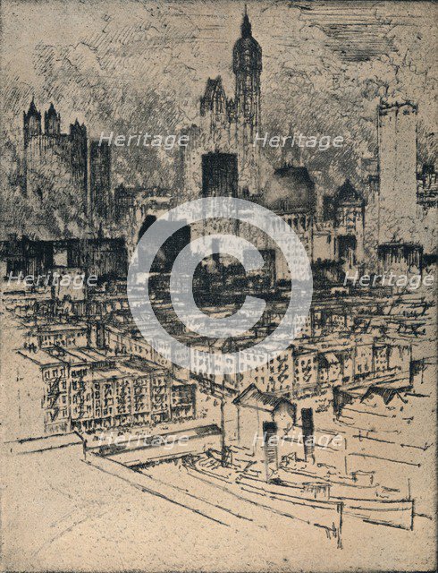 'New York From Brooklyn Bridge', c1908. Artist: Joseph Pennell.