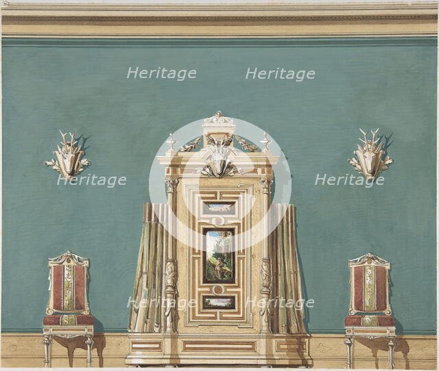 Interior Design with a Gun Cabinet and Two Chairs against a Green Wall..., late 19th century (?). Creator: Anon.