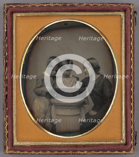 Portrait of Two Children and Their Mother Viewing a Music Box, about 1851. Creator: Unknown.