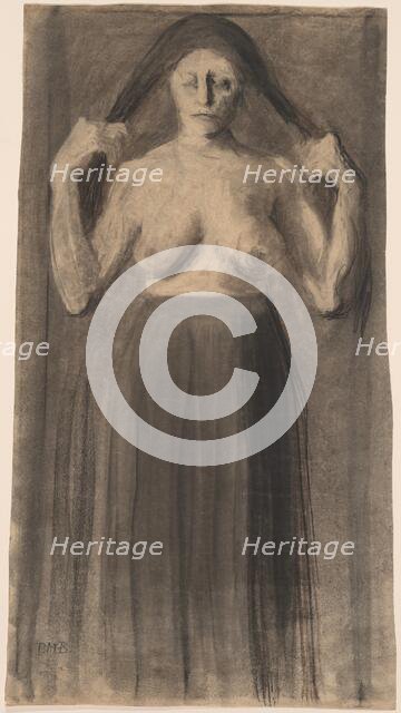 Half-Nude Woman Holding Her Hair Apart, c. 1898. Creator: Paula Modersohn-Becker.