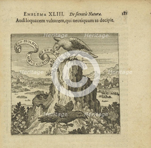 Emblem 43. Listen to the talking vulture, who in no way deceives you, 1816. Creator: Merian, Matthäus, the Elder (1593-1650).
