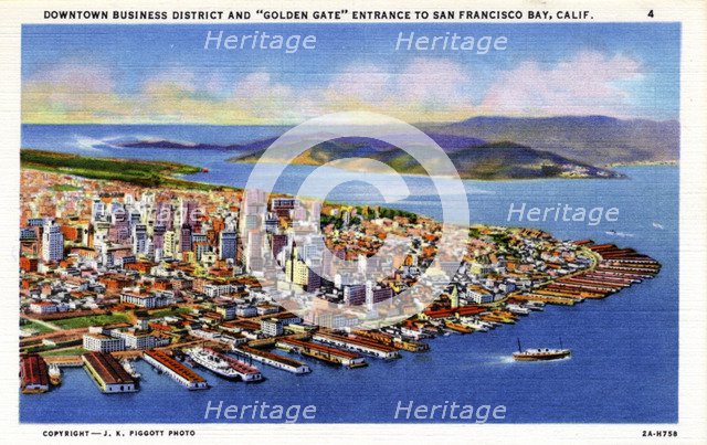 Downtown business district and 'Golden Gate' entrance to San Francisco Bay, California, USA, 1932. Artist: Unknown