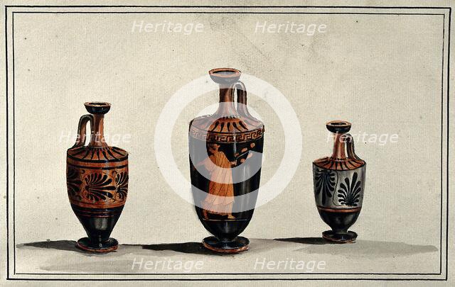 Three Greek wine-jugs (oinochoes); left and right vases decorated with palms; middle..., 1760-1769. Creator: Augustin Dahlsteen.