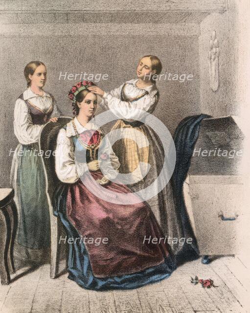 Two women dress a bride, Blekinge.  Creator: Unknown.