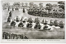 'Naumachia, or (Mock Sea-Fight) on the Serpentine', Hyde Park, London, 1814.                         Artist: Anon