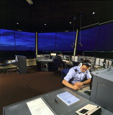 An view of the interior of the Air Traffic Control tower at RAF Leeming, North Yorkshire, 1990. Artist: Unknown