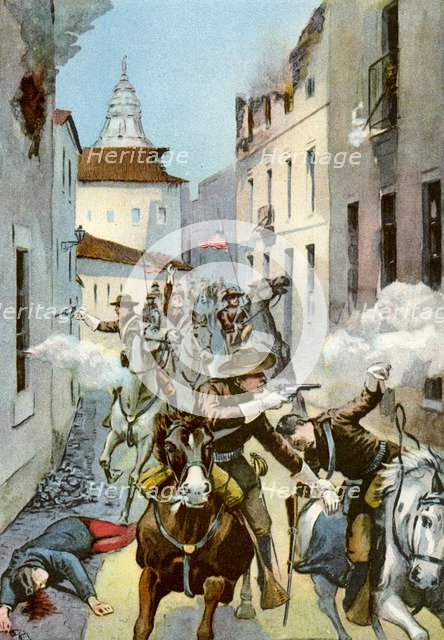 Street fight in Santiago, Cuba, Spanish-American War, 1898. Artist: Unknown