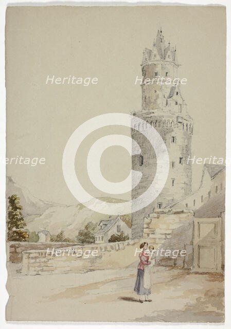 Woman and Child before Walled Town with Tower, n.d. Creator: Elizabeth Murray.