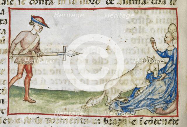 Detail of a tinted drawing of a woman protecting a unicorn, 2nd quarter 15th century. Creator: Anon.