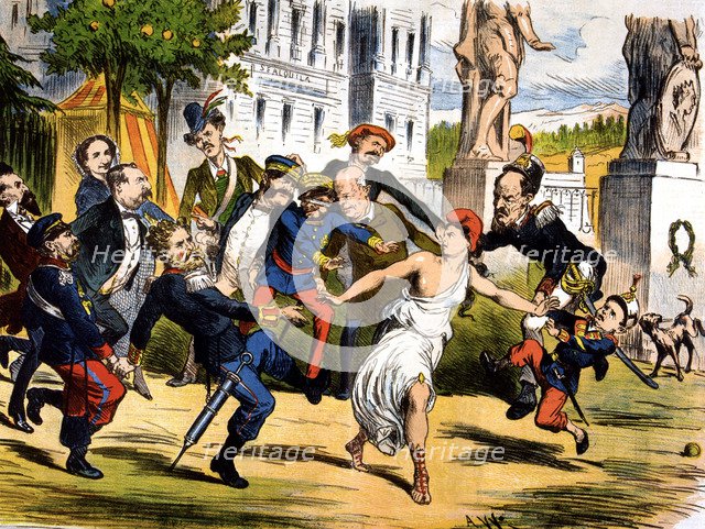 Provisional Government of 1869 - 1870, allegory of democracy hounded by pretenders to the throne,…