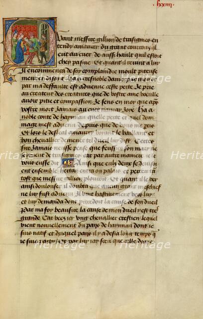 Initial Q: Gillion Reacting to the News of Death of His Wife and Progeny, 1464. Creators: Lieven van Lathem, David Aubert.