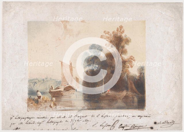 Landscape with River and Boats, 1837. Creators: Emile Aubert Lessore, Auguste Bouquet.
